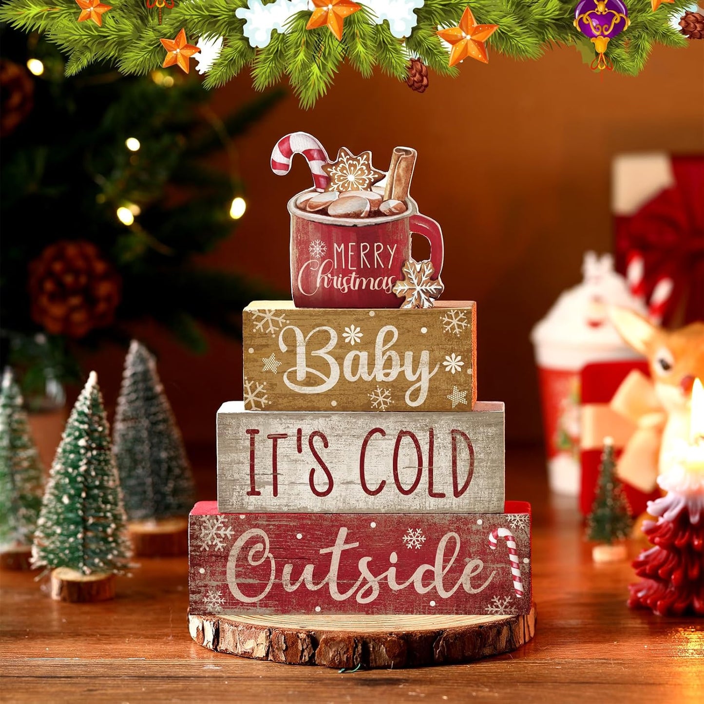 4 Pcs Wooden Christmas Tabletop Decor Christmas Cocoa Tiered Tray Decor Rustic Wood Hot Cocoa Block Sign Gift Merry Christmas Centerpiece Farmhouse Christmas Table Decor (Cocoa)