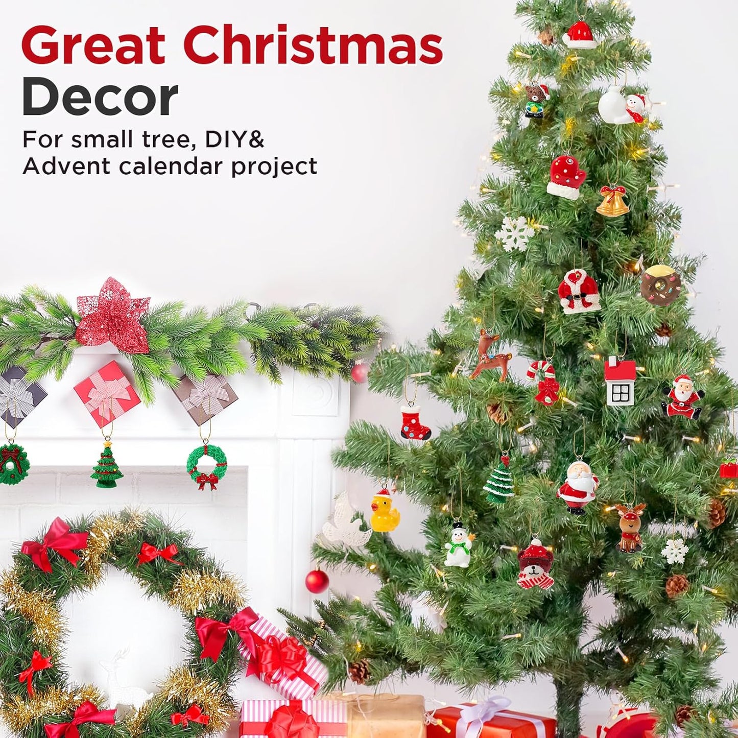 Mini Christmas Ornaments, Set of 24 Cute Miniature Resin Christmas Tree Ornament Figures Advent Calendar Fillers, Durable & Well-Crafted 3-D Figurines with Gold Loops for Easy Hanging