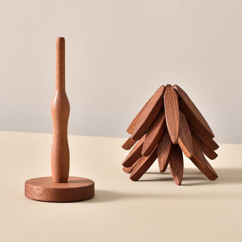 Tree Shape Trivet Set,Wooden Trivets for Hot Dishes Insulation Mat,Collapsible Coasters Trivets, Kitchen & Dining Decorations Item like a Christmas Tree - 4 Wooden Trivet + 1 Stand(Beech Wood) (Dark)