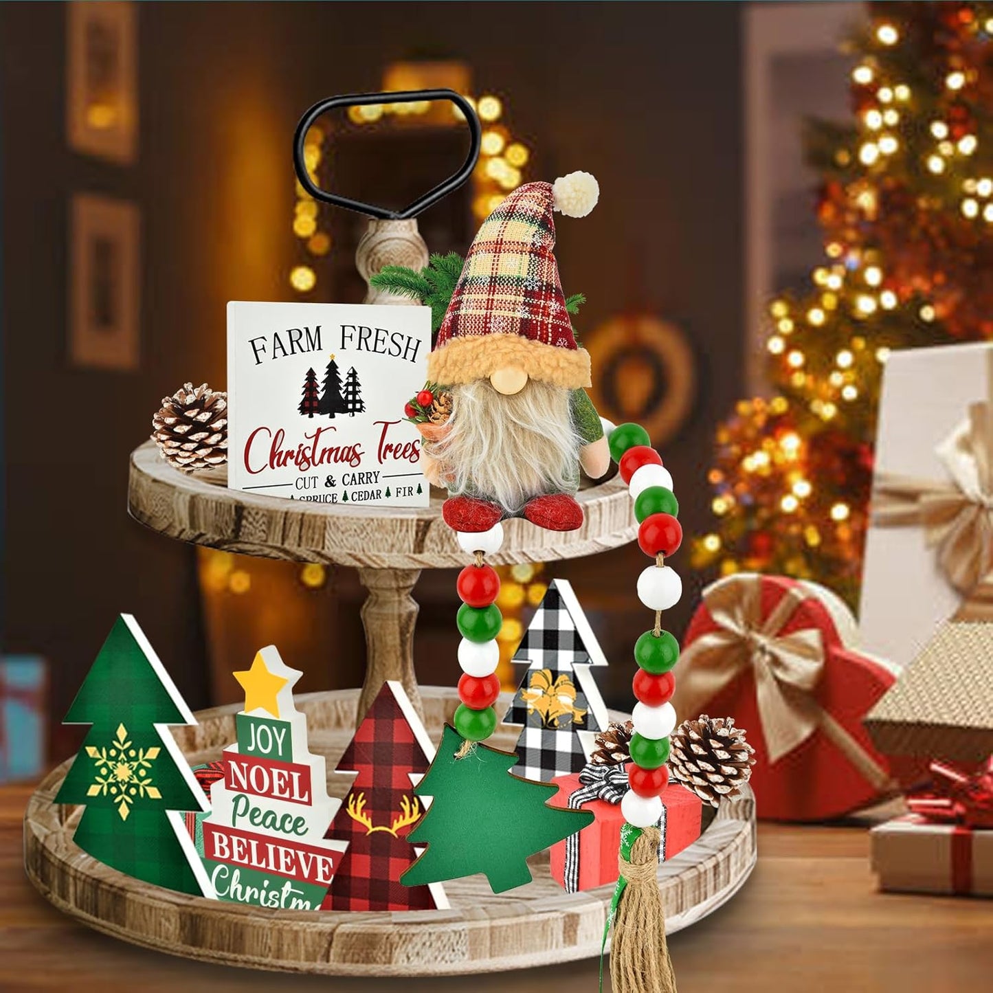 Christmas Tiered Tray Decorations Set - 11Pcs Tiered Tray Christmas Decor Set with Wooden Signs Gnome Plush Bead Garland, Farmhouse Tiered Tray Decor for House Room Table Holiday Party