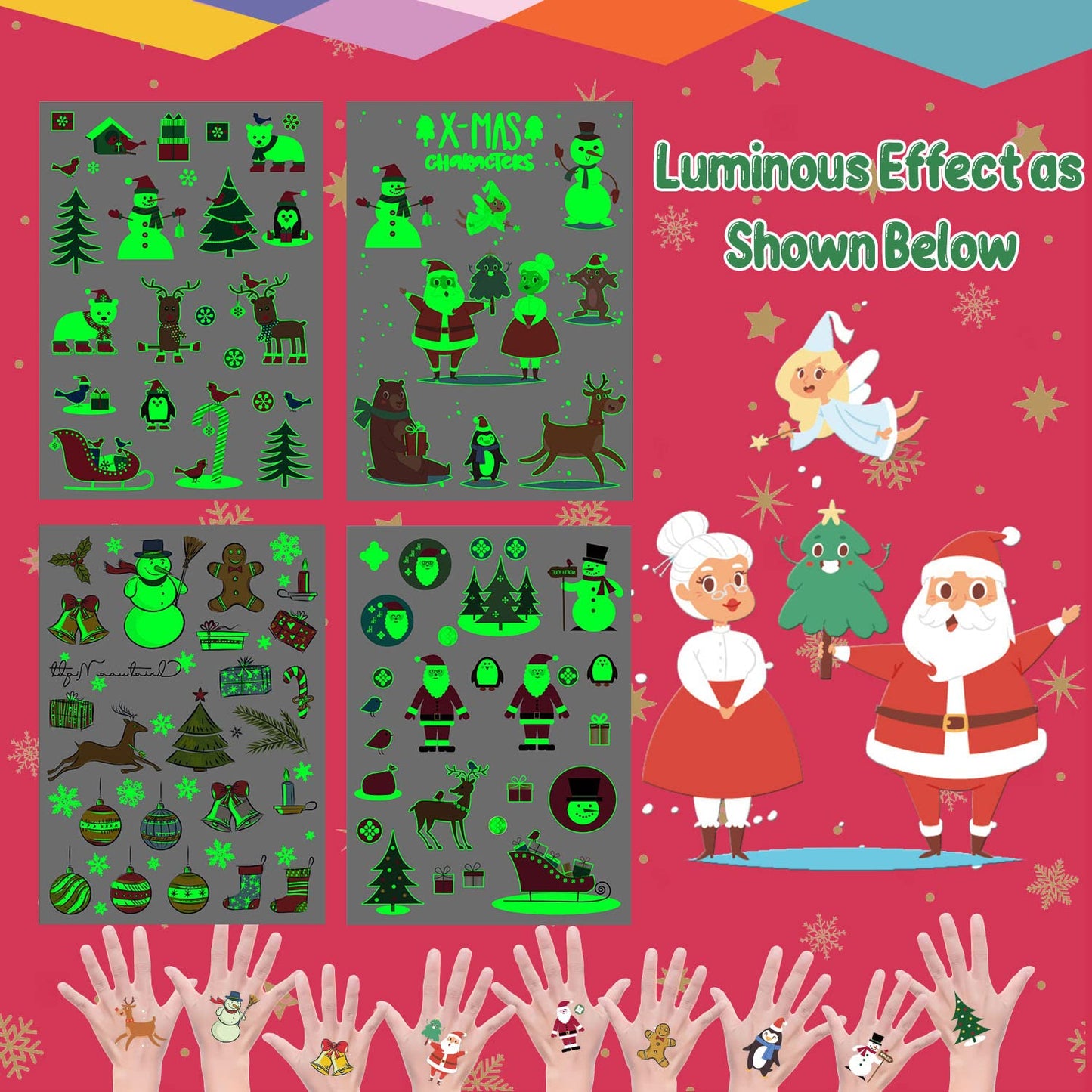 Luminous Christmas Temporary Tattoos for Party Decorations, Glow Christmas Stocking Stuffers for Kids Party Favors Supplies, Xmas Holiday Stickers for Kids Boys Girls - 4 Sheets