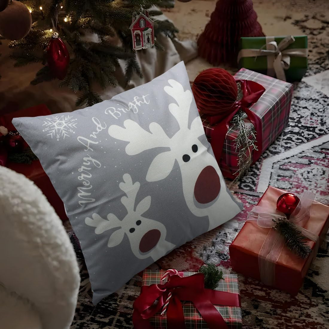 Christmas Pillow Covers 18X18 Set of 4 Christmas Decorations Snowman Deer Christmas Tree Winter Holiday Decor Throw Cushion Case for Home Couch