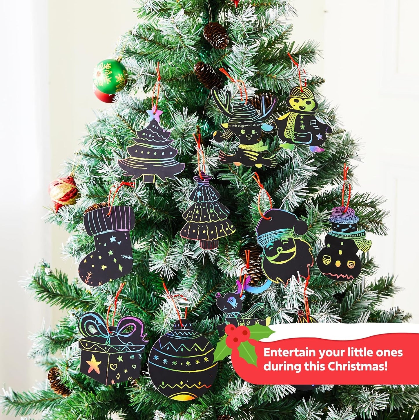 72 Pcs Christmas Scratch Art Ornaments, Rainbow Color Scratch Paper Craft Kit Include Snowman, Christmas Tree, and Reindeer, Scratch off Hanging Ornament for Kids Party Favor