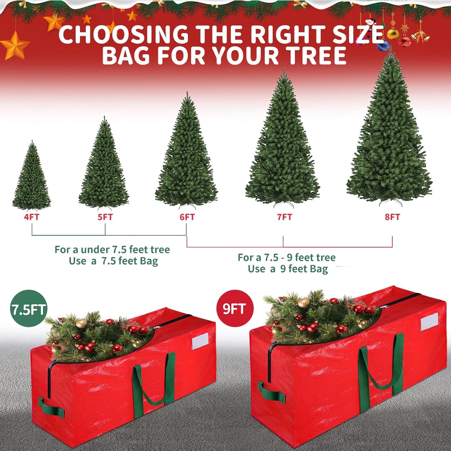 Christmas Tree Storage Bag, Fits 9 Ft Holiday Xmas Artificial Tall Disassembled Tree, Waterproof Christmas Tree Bag with Durable Reinforced Handles & Dual Zipper, Labeling Card Slot, Red