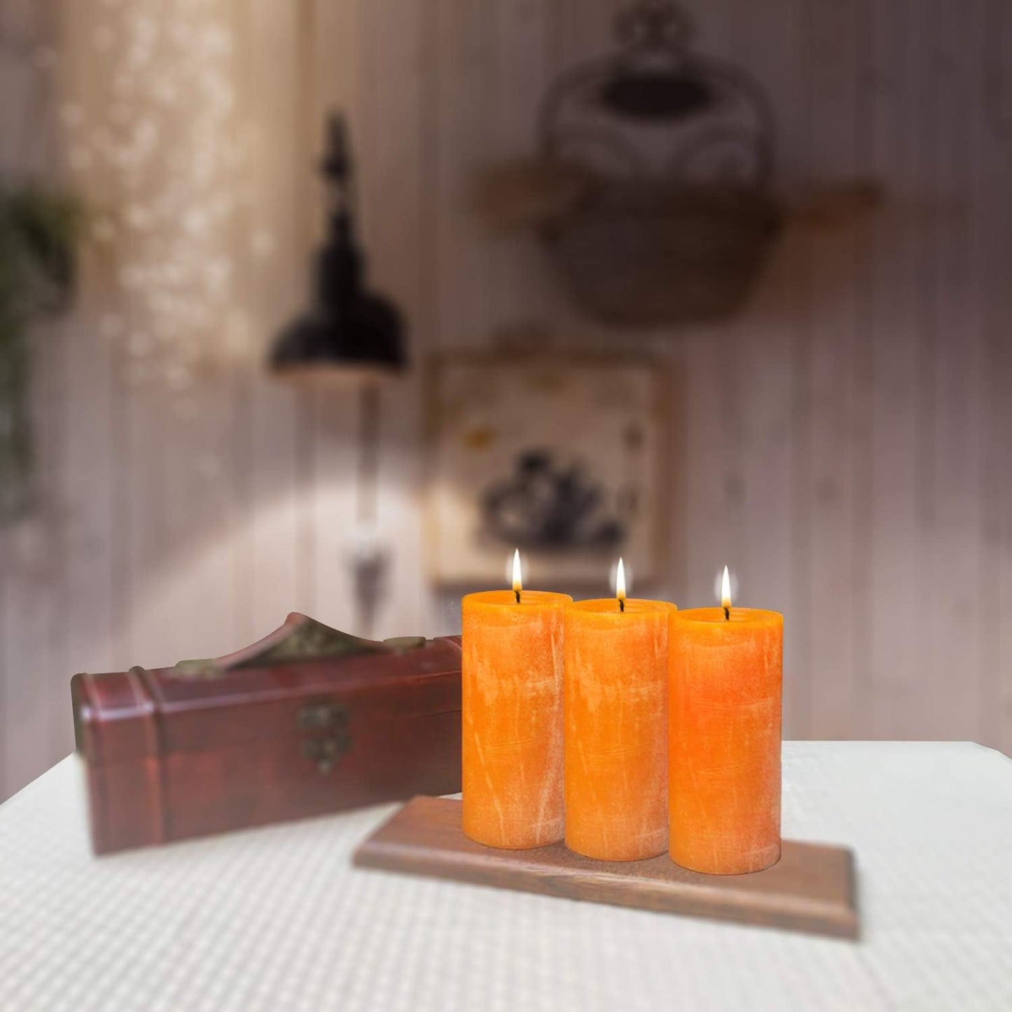 3X3 Inch Orange Candles Pillar, Fall Pillar Candles Set of 3, Rustic Texture, Unscented Orange Pillar Candles for Fall, Dripless Candles, 3 Inch Orange Candles, Fall Candles