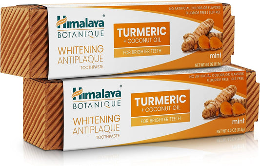 Botanique Turmeric & Coconut Oil Whitening Antiplaque Herbal Toothpaste, Whitens Teeth, Fluoride Free, No Artificial Flavors, SLS Free, Vegan, Cruelty Free, Foaming, Mint Flavor, 4 Oz, 2 Pack