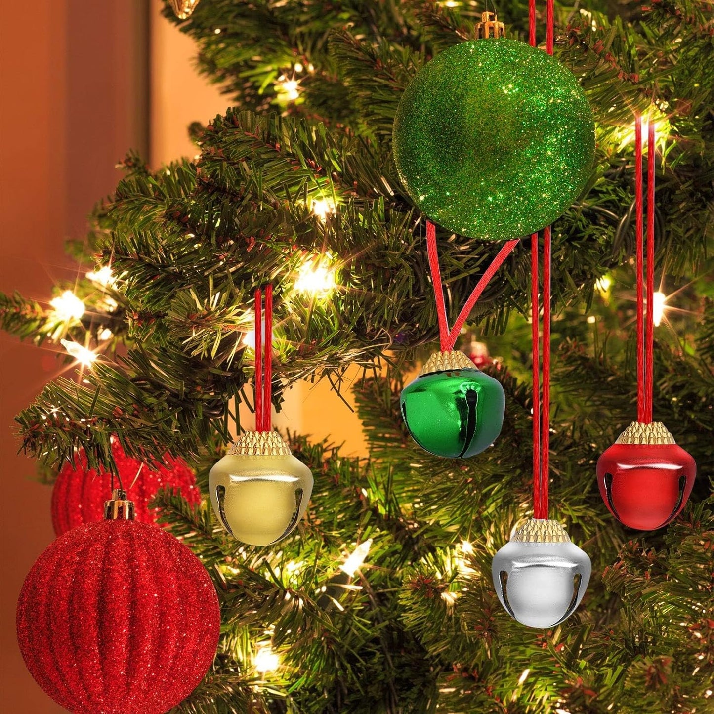 24 Pieces Christmas Jingle Bell Necklaces Christmas Decoration Bell Necklaces with Connect Ribbons for Christmas Supplies