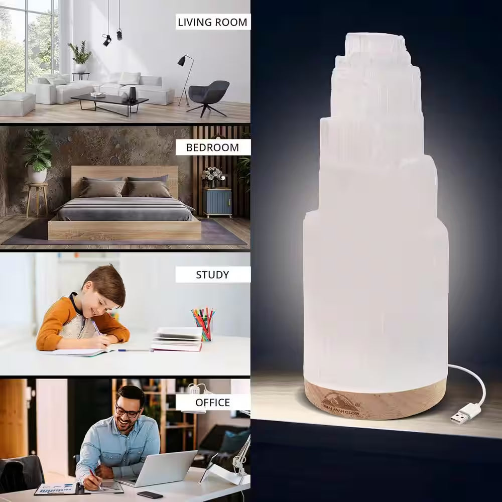 Selenite Crystal Healing and Calming Effects, High Spiritual Gift, Yoga and Meditation, 20 Cm Lamp with Wooden Base