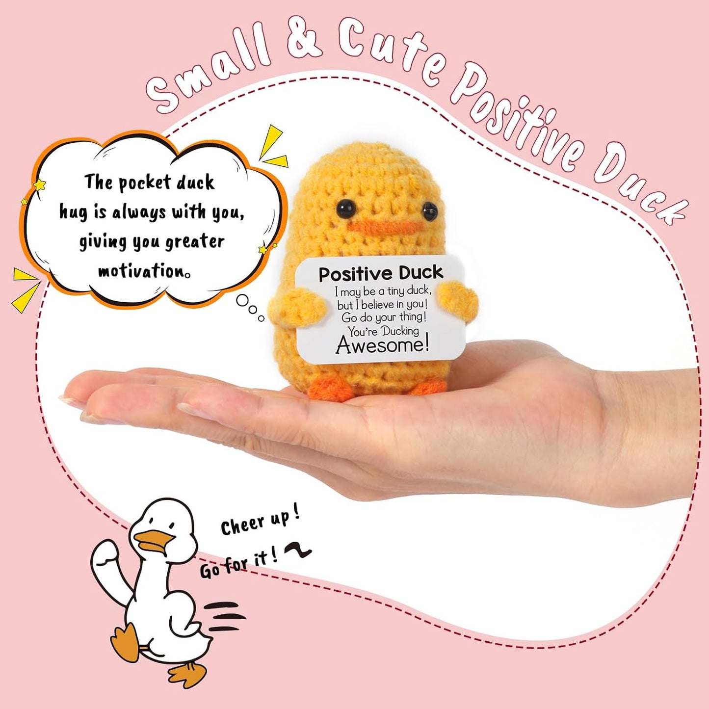 Inspirational Crochet Positive Duck – Handmade Emotional Cheer Support Funny Pickle Potato Gifts for Women Friend Men Coworker Birthday Christmas Stocking Stuffer White Elephant under 10 Dollars
