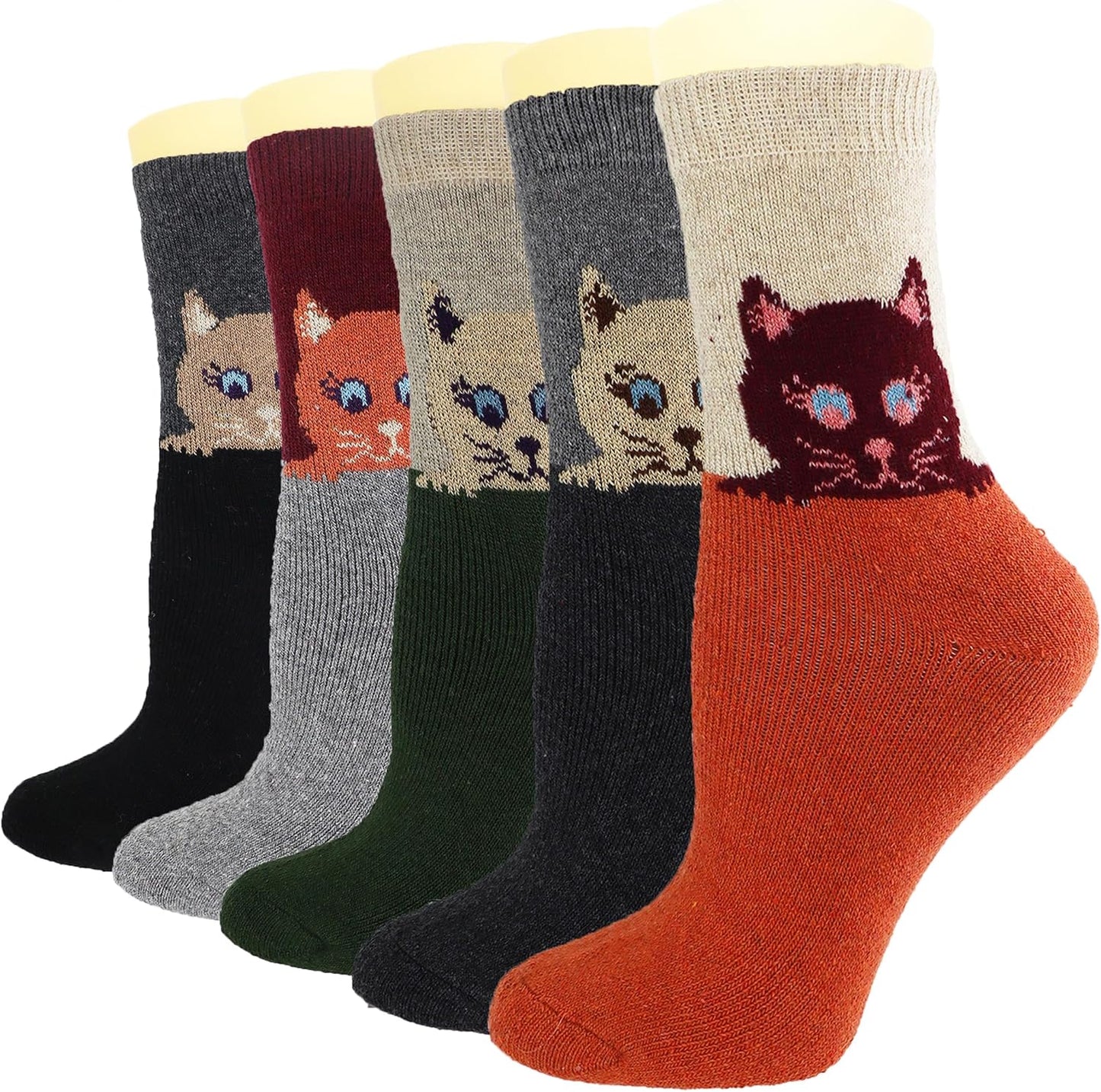5Pack Womens Warm Wool Soft Cozy Crew Socks Cute Animal Owl Cat Design Sock for Fall Winter Christmas Gifts Size 5-9
