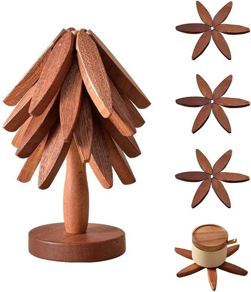 Tree Shape Trivet Set,Wooden Trivets for Hot Dishes Insulation Mat,Collapsible Coasters Trivets, Kitchen & Dining Decorations Item like a Christmas Tree - 4 Wooden Trivet + 1 Stand(Beech Wood) (Dark)