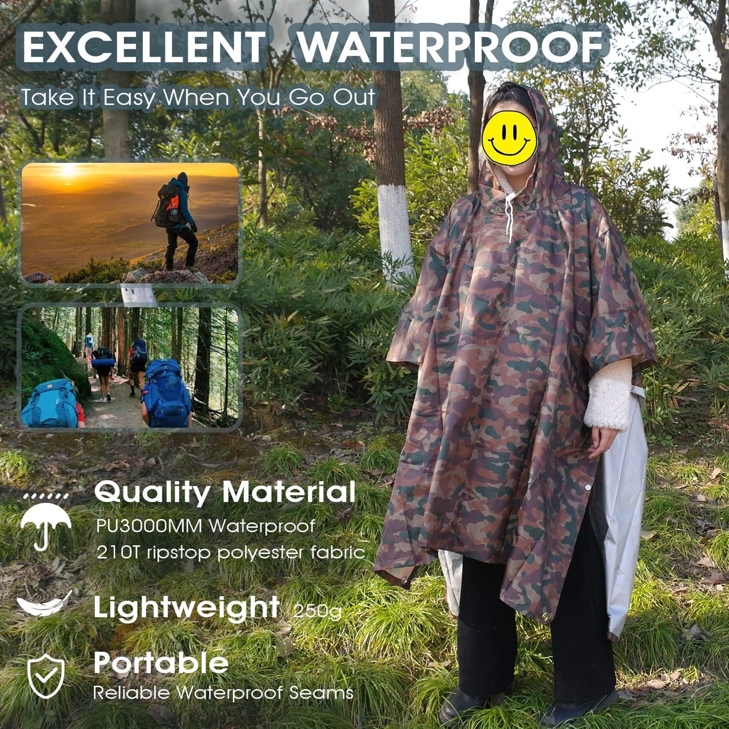 QIANQUHUI Waterproof Rain Poncho Lightweight Reusable Hiking Hooded Coat Jacket Unisex Raincoat for Hiking Camping Emergency