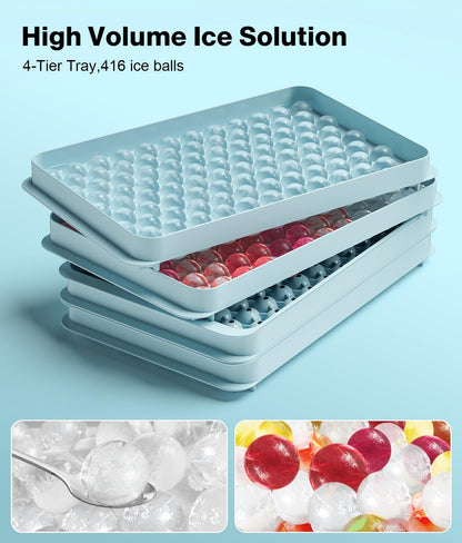 Round Ice Cube Tray Set with Lid & Bin – Create round Ice Balls, Ice Trays for Freezer Is Easy to Release & Sturdy– Small Pellet Ice Maker for Drinks, Coffee and Cocktails (0.6 In/ 416 Balls)