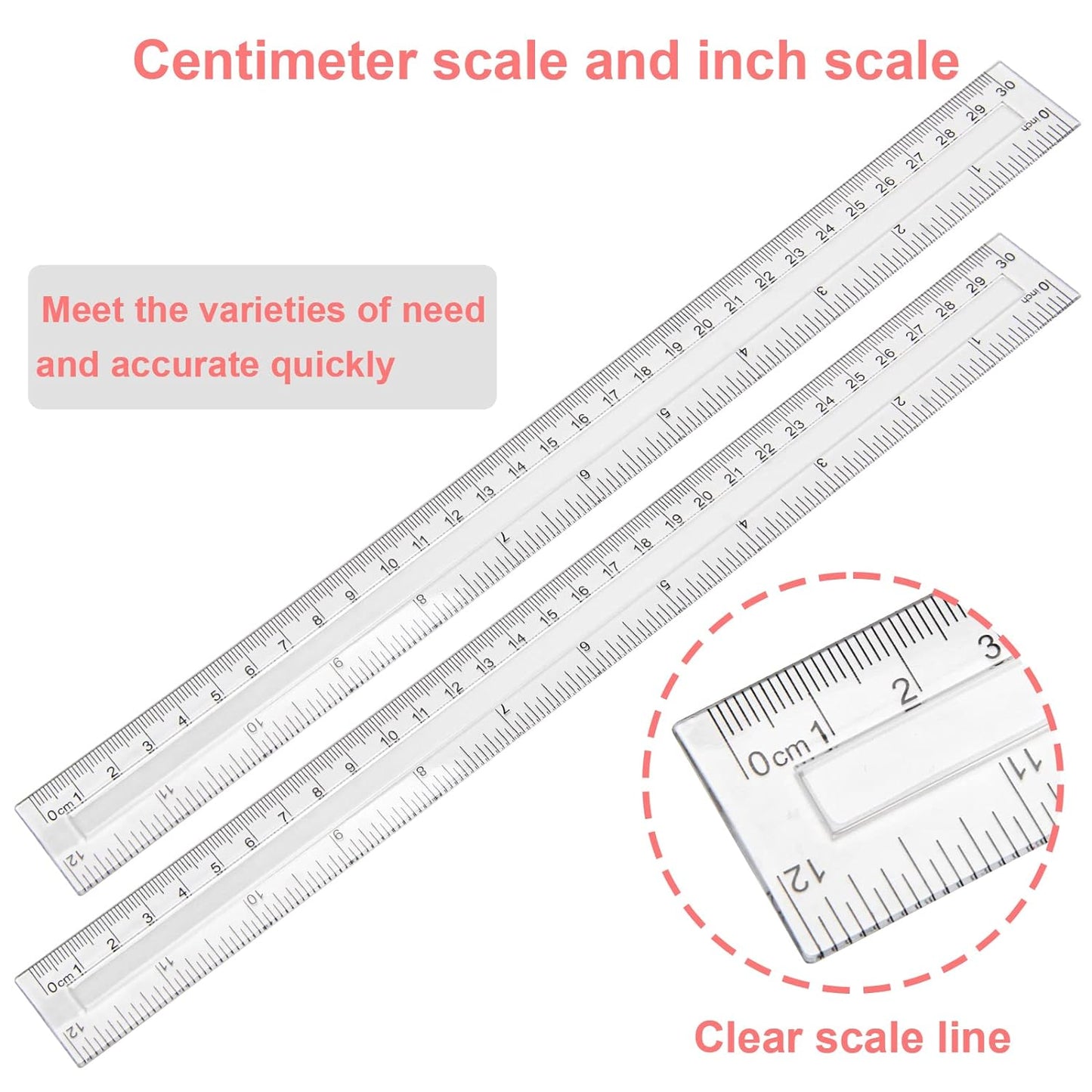 2 Pack 12 Inch Clear Plastic Ruler Straight Shatterproof Rulers Transparent Rulers for Office Supply Ruler (Clear)