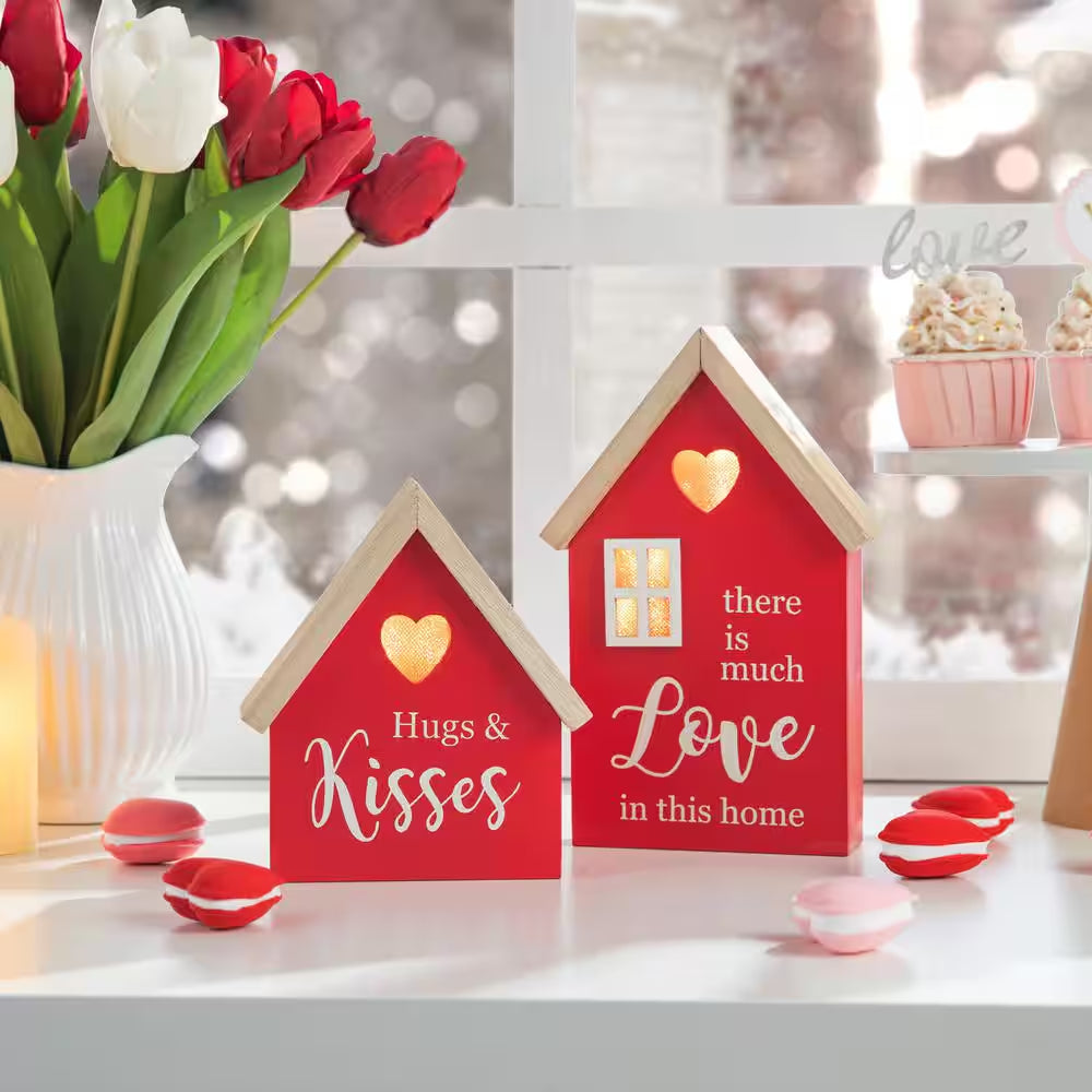 8.50 In. H Valentine'S Lighted Wooden House-Shaped Table Decor(Set of 2)