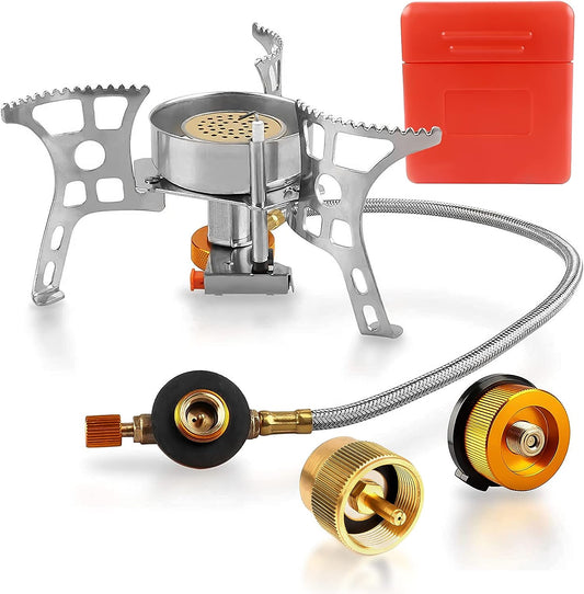 Camping Stove with Fuel Canister Adapter Portable Collapsible Gas Stove with Piezo Ignition-3900W-Lightweight-Windproof-Butane Adapter Camping and Backpacking Mini Stove Kit for Hiking