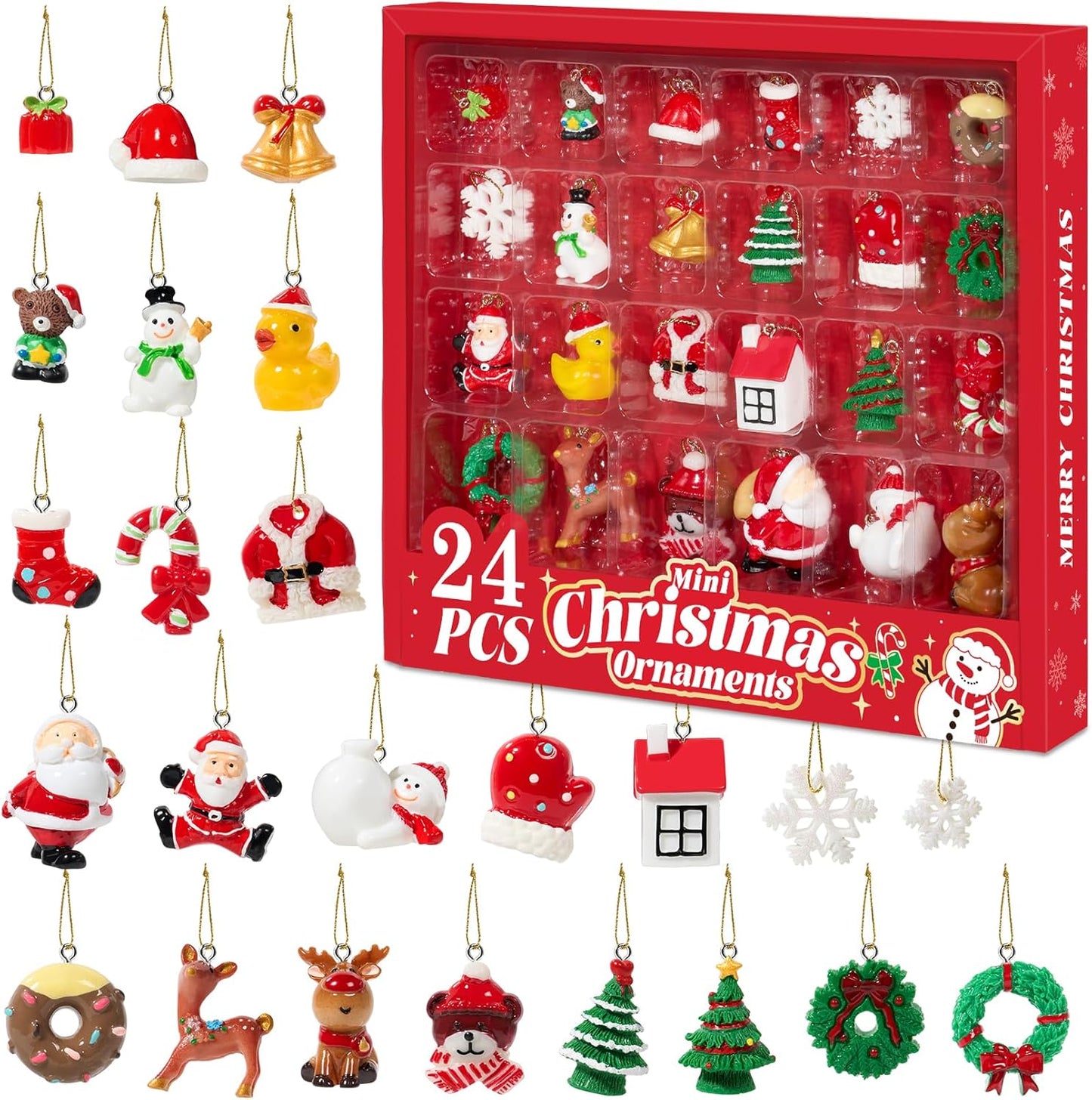 Mini Christmas Ornaments, Set of 24 Cute Miniature Resin Christmas Tree Ornament Figures Advent Calendar Fillers, Durable & Well-Crafted 3-D Figurines with Gold Loops for Easy Hanging