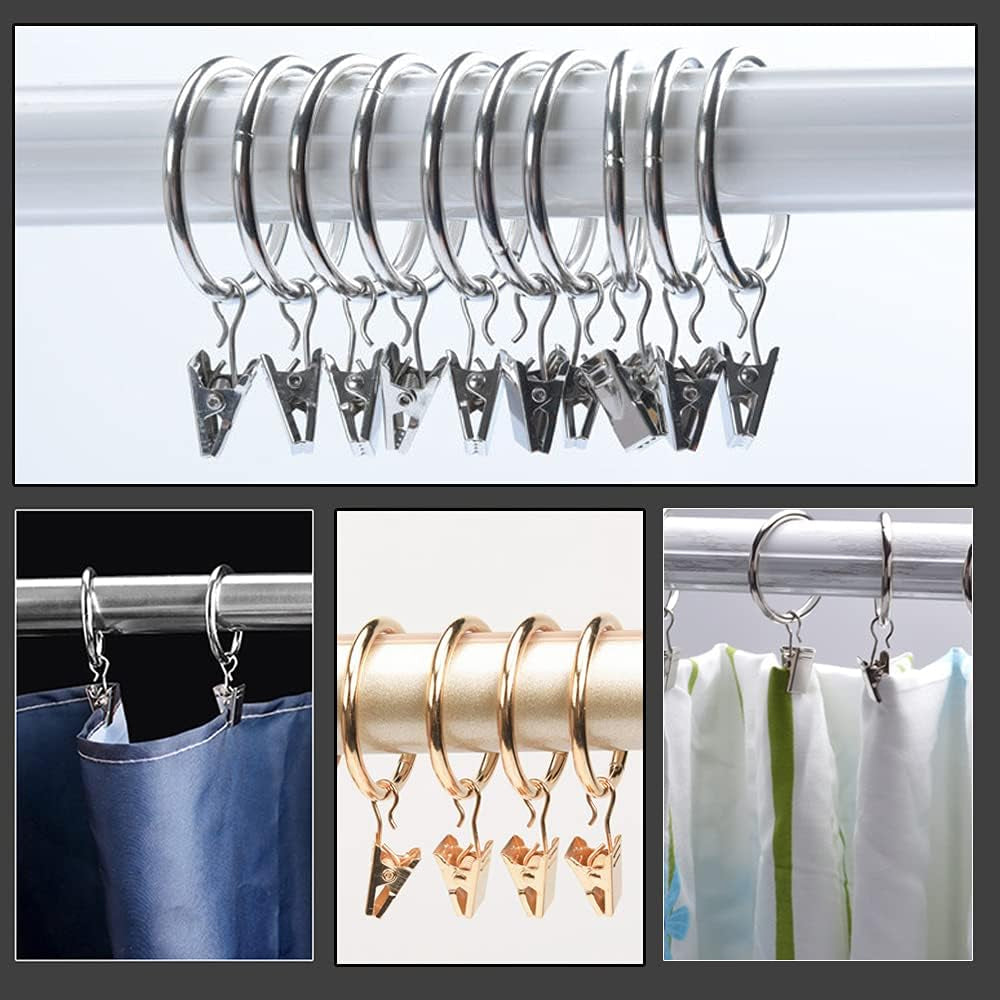 30-Pack Durable Iron Curtain Rings with Clips, 2.5-Inch Diameter, Rustproof Decorative Drapery Hooks - Vintage Silver Finish