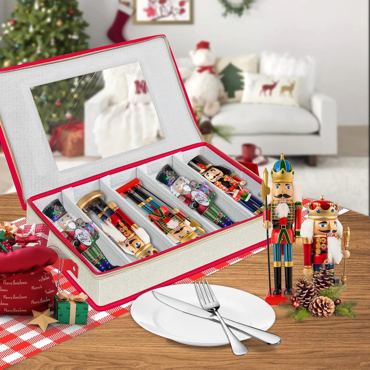 Christmas Nutcracker Storage Containers, Xmas Ornament Storage Box, Holiday Decoration Organizer with Adjustable Dividers, Each Holds 5 Holiday Figurines up to 10”- Nutcracker NOT Included