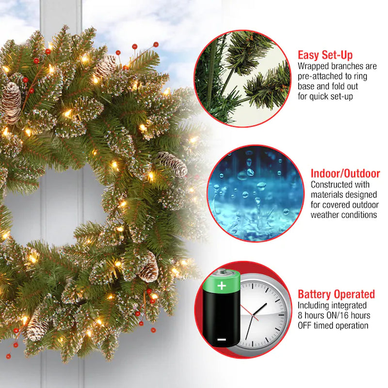 24-In Flocked Pre-Lit Outdoor Battery-Operated Green Pinecones Artificial Christmas Wreath