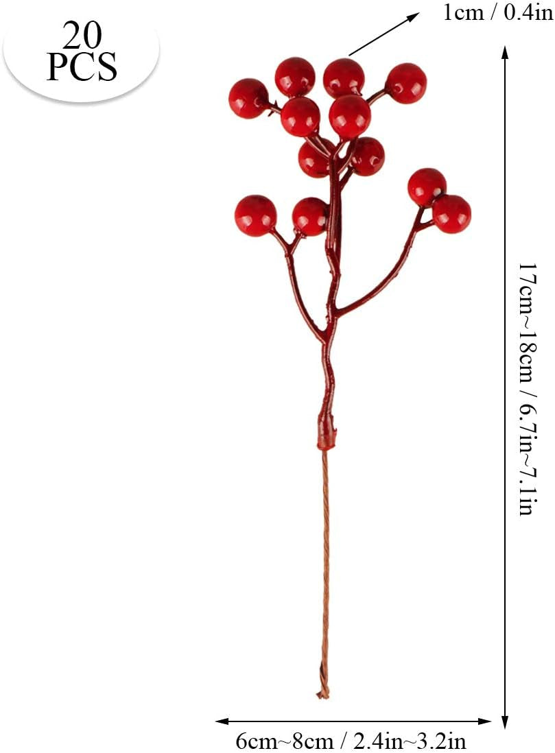20 Pack 7 Inch Burgundy Red Berry Picks for Christmas Tree Branches Decorations for Home Holly Berries for Crafts Winter Holiday Wedding Decor
