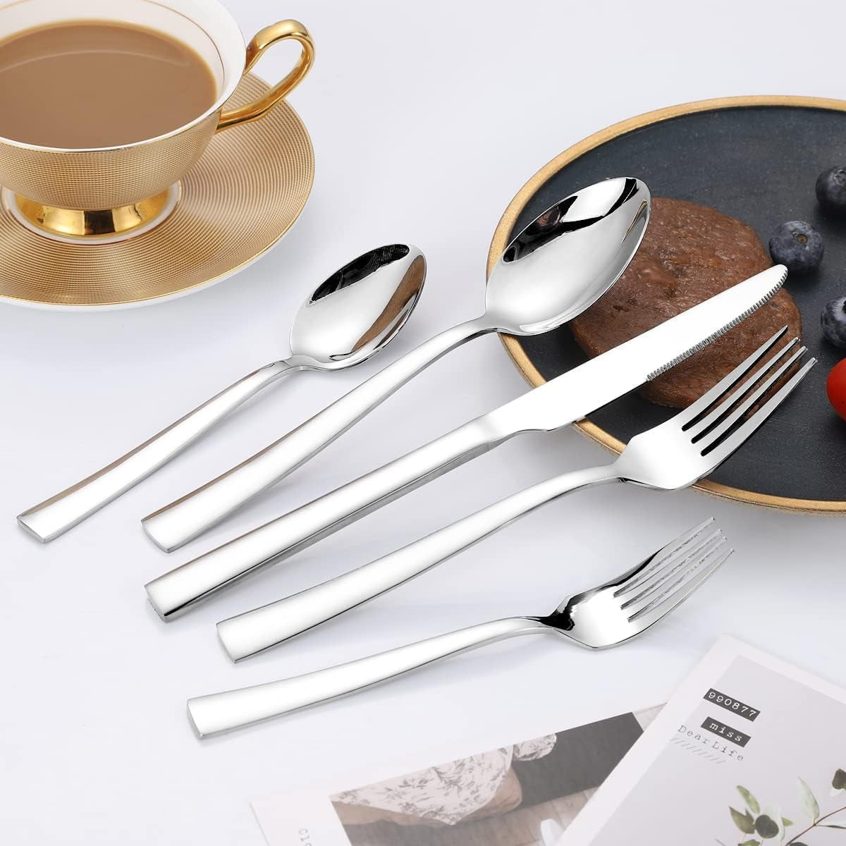 Silverware Set for 6, 30-Piece Stainless Steel Flatware Cutlery Set, Square Edge Kitchen Utensil Include Knives/Forks/Spoons, Tableware for Home/Hotel, Mirror Polished Dishwasher Safe