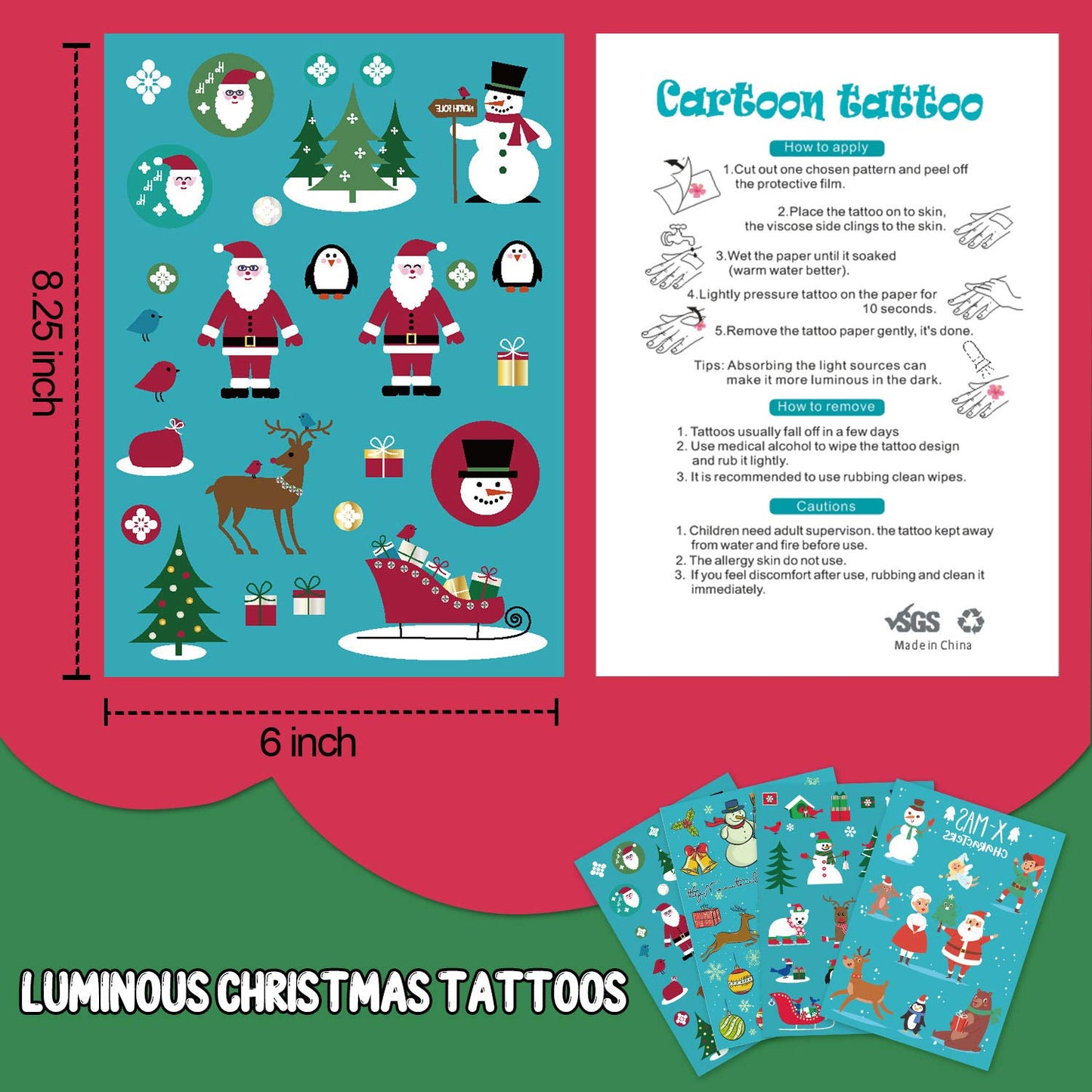 Luminous Christmas Temporary Tattoos for Party Decorations, Glow Christmas Stocking Stuffers for Kids Party Favors Supplies, Xmas Holiday Stickers for Kids Boys Girls - 4 Sheets