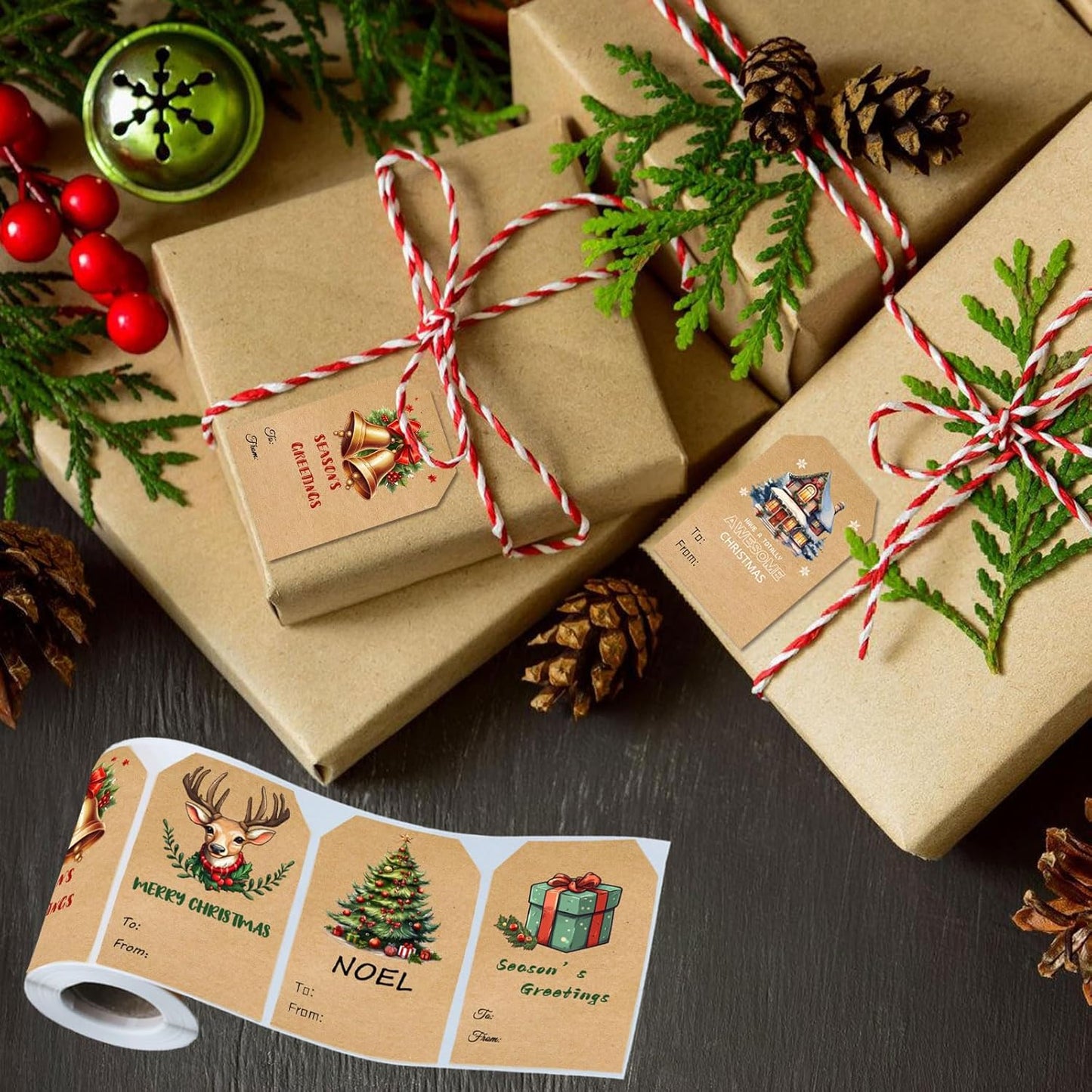 Christmas Gift Tags Stickers,Self Adhesive Gift Tags Stickers,Decorative Kraft Color Stickers for Holiday Presents,120Pcs Gift Tags for Christmas Presents,Writable Label for Xmas Holiday Present