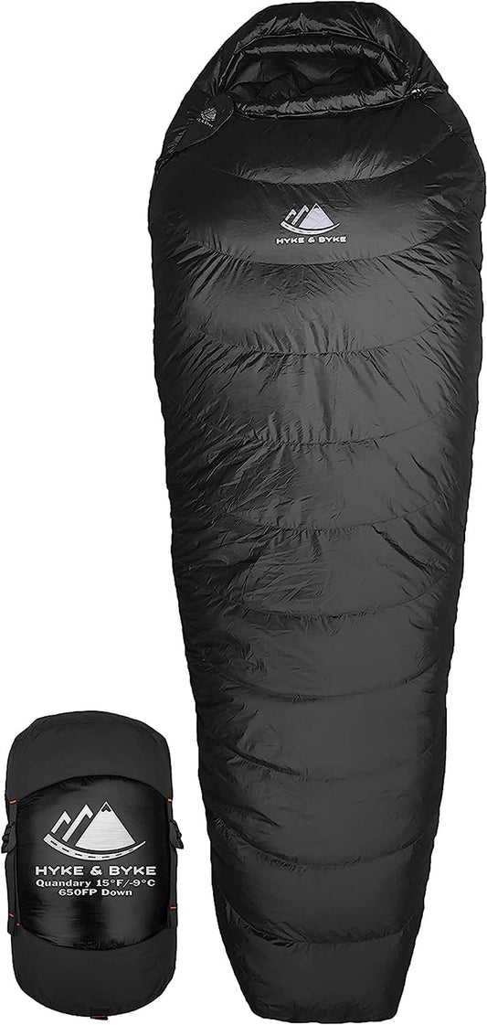 Hyke & Byke Quandary 15°F Cold Weather Mummy Hiking & Backpacking Sleeping Bag - Duck down 650 FP 3 Season Sleeping Bags for Adults - Ultralight with Compression Stuff Sack