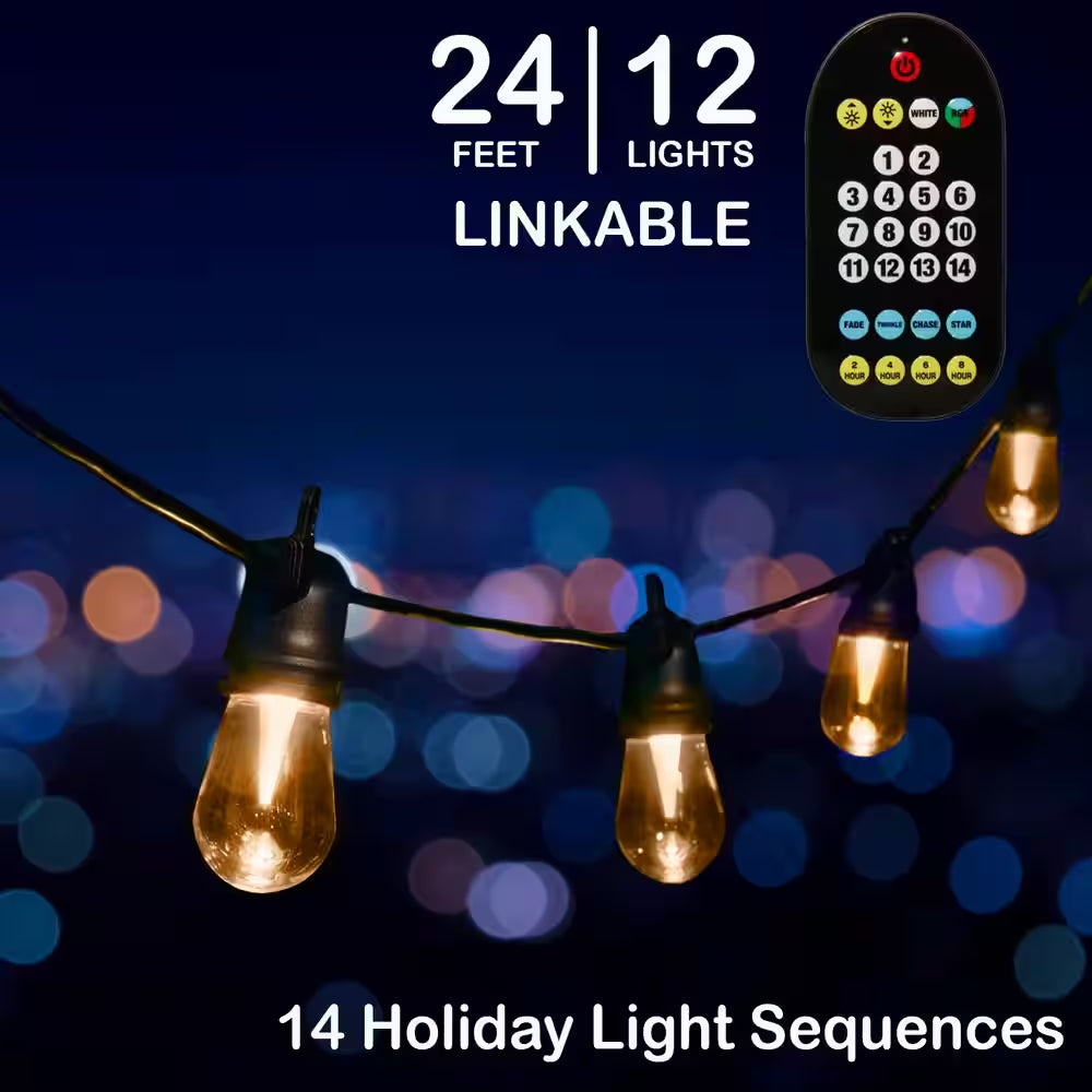 24 Ft - 12 Color Changing Shatter Proof LED Lights - Holiday Cafe Bistro Lights - 14 Holiday Light Sequences
