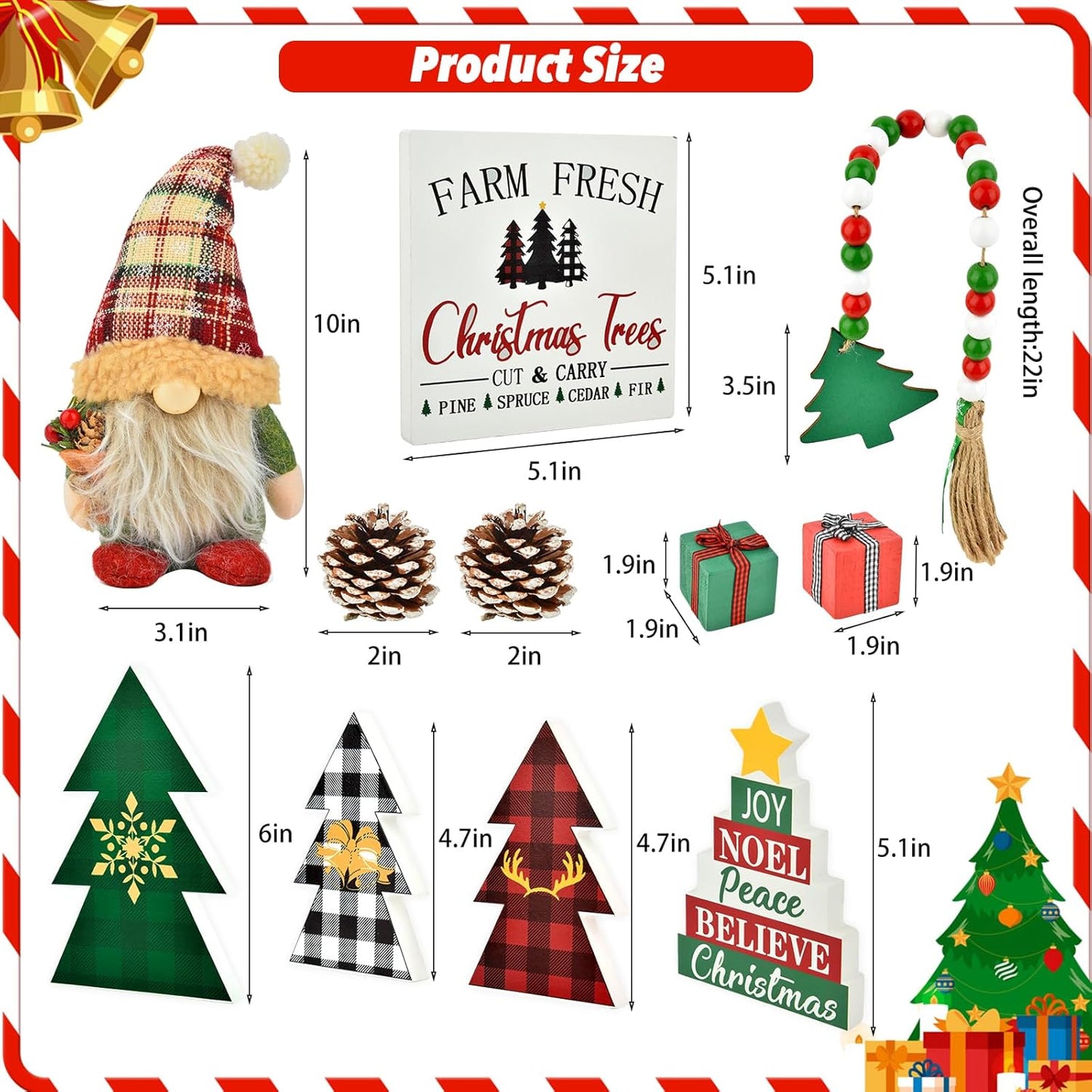 Christmas Tiered Tray Decorations Set - 11Pcs Tiered Tray Christmas Decor Set with Wooden Signs Gnome Plush Bead Garland, Farmhouse Tiered Tray Decor for House Room Table Holiday Party