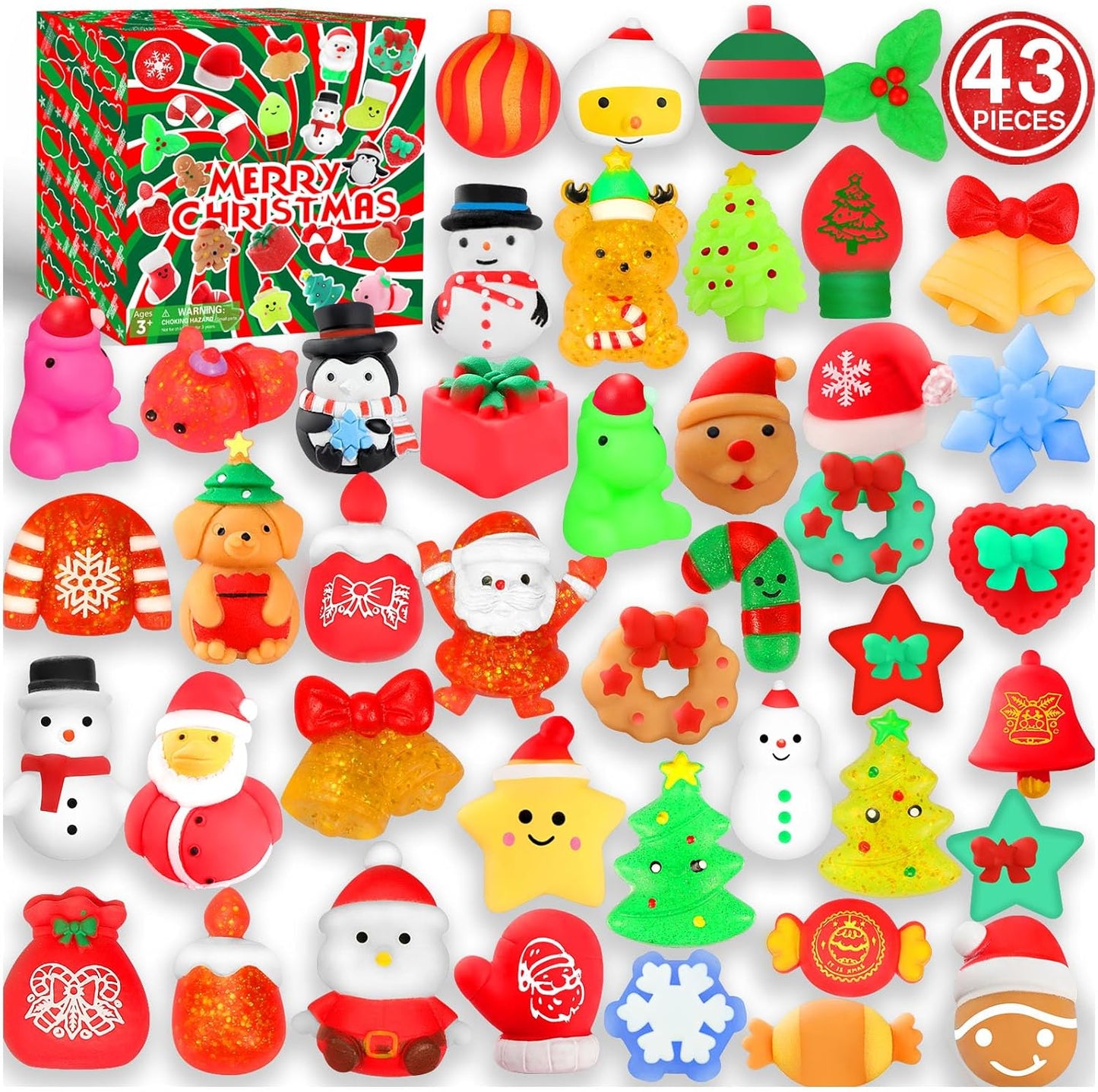 Christmas Party Favors, 43 Pcs Mochi Squishy Toys Squishies for Kids, Stress Relief Toys for Christmas Goodie Bags Treats Decorations Classroom Prizes Birthday Gift Toys Pack