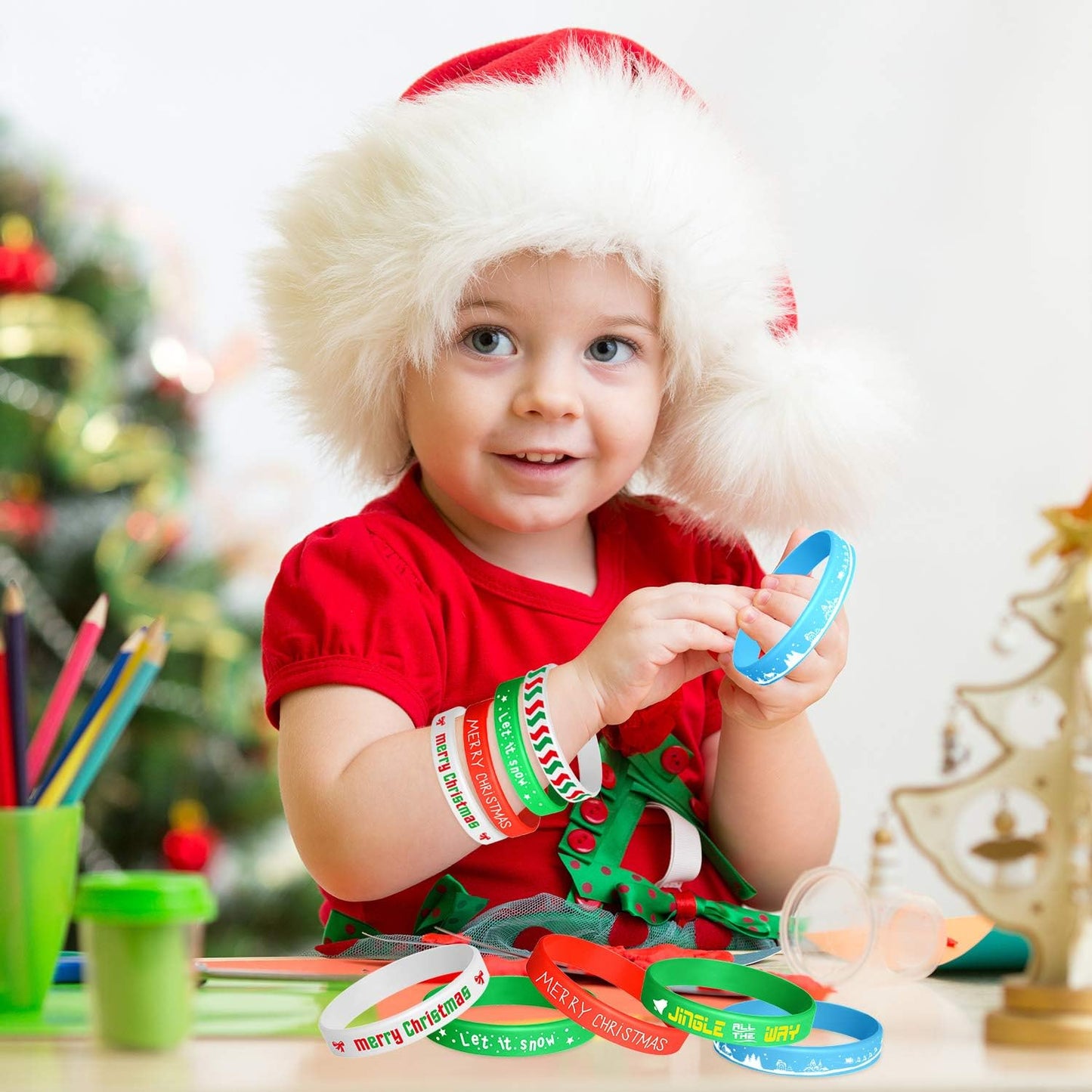35 Pieces Christmas Wristband Silicone Wristbands Rubber Band for Christmas Party Decoration 7 Merry Xmas Patterns