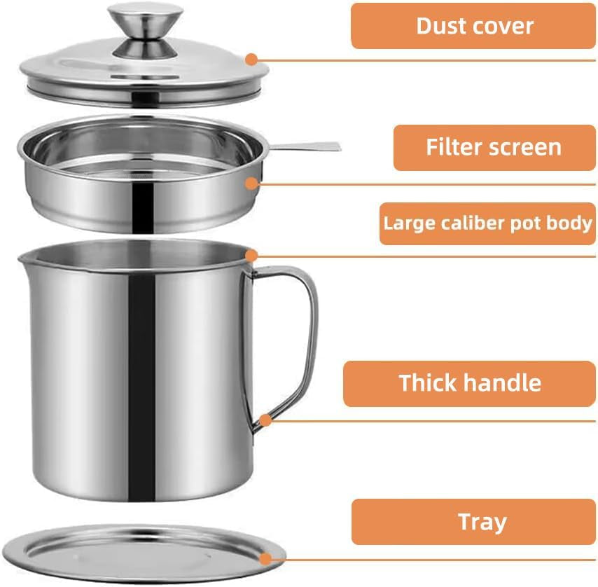 Oil Strainer Pot Grease Can 1.3L/44 Oz Food Strainer Oil Storage Container with Fine Mesh Strainer Dust-Proof Lid Non-Slip Tray for Storing Frying Oil & Cooking Grease