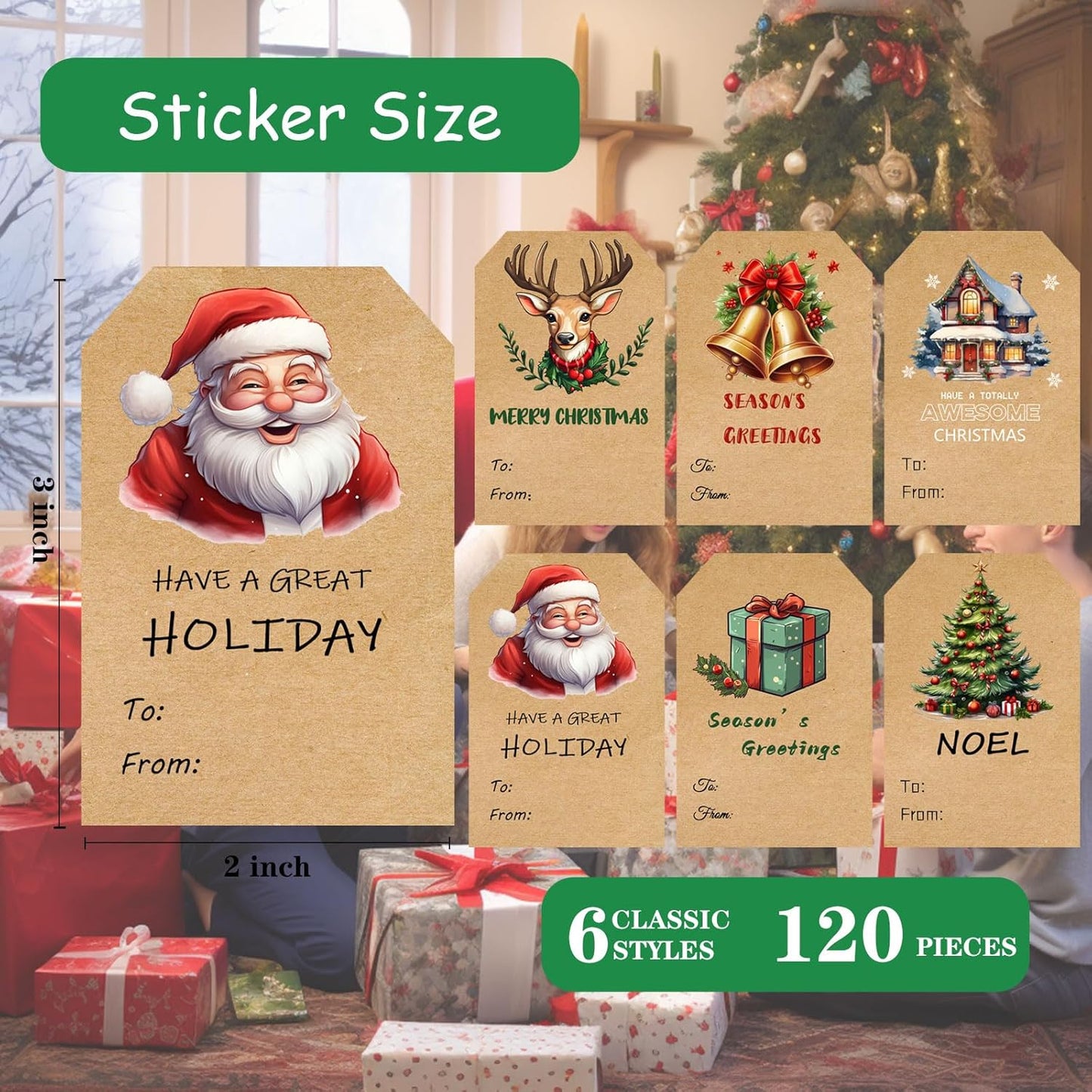 Christmas Gift Tags Stickers,Self Adhesive Gift Tags Stickers,Decorative Kraft Color Stickers for Holiday Presents,120Pcs Gift Tags for Christmas Presents,Writable Label for Xmas Holiday Present