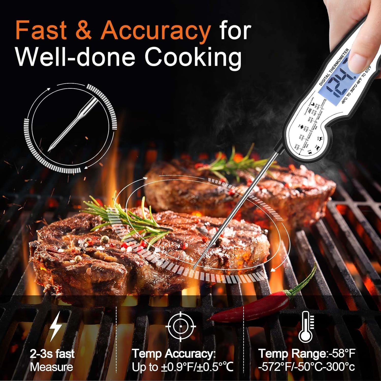 Digital Instant Read Meat Thermometer Digital for Grilling and Cooking - ANDAXIN Waterproof Ultra-Fast Thermometer with Backlight&Calibration&Foldable Probe for Kitchen,Deep Fry,Bbq,Grill-Black/White