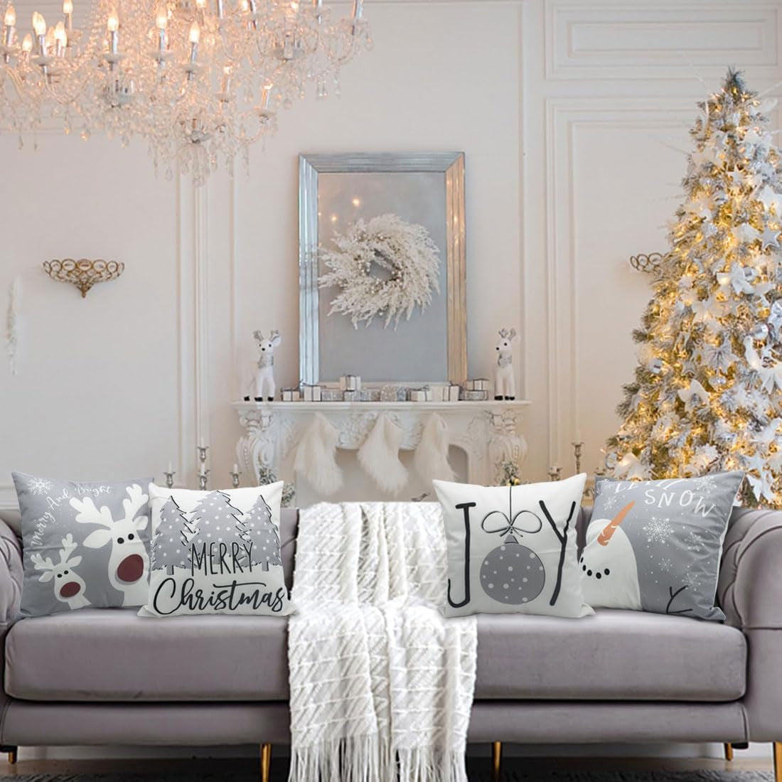 Christmas Pillow Covers 18X18 Set of 4 Christmas Decorations Snowman Deer Christmas Tree Winter Holiday Decor Throw Cushion Case for Home Couch
