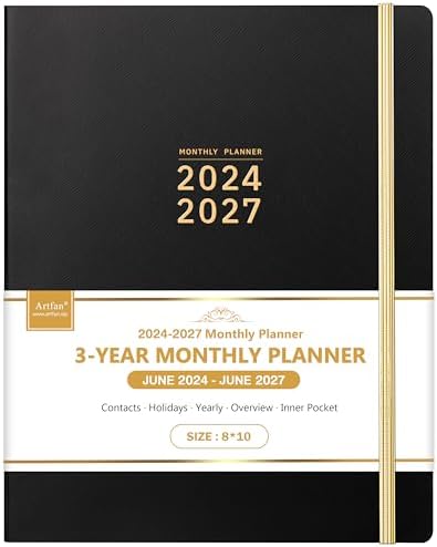 2024-2027 Monthly Planner/Monthly Calendar - 3 Year Monthly Planner 2024-2027, Jul. 2024 - Jun. 2027, 8" x 10", Tabs + Back Pocket + Hardcover- Black