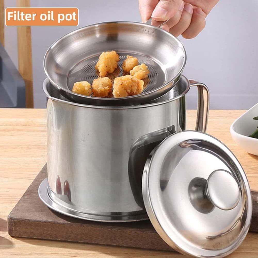 Oil Strainer Pot Grease Can 1.3L/44 Oz Food Strainer Oil Storage Container with Fine Mesh Strainer Dust-Proof Lid Non-Slip Tray for Storing Frying Oil & Cooking Grease