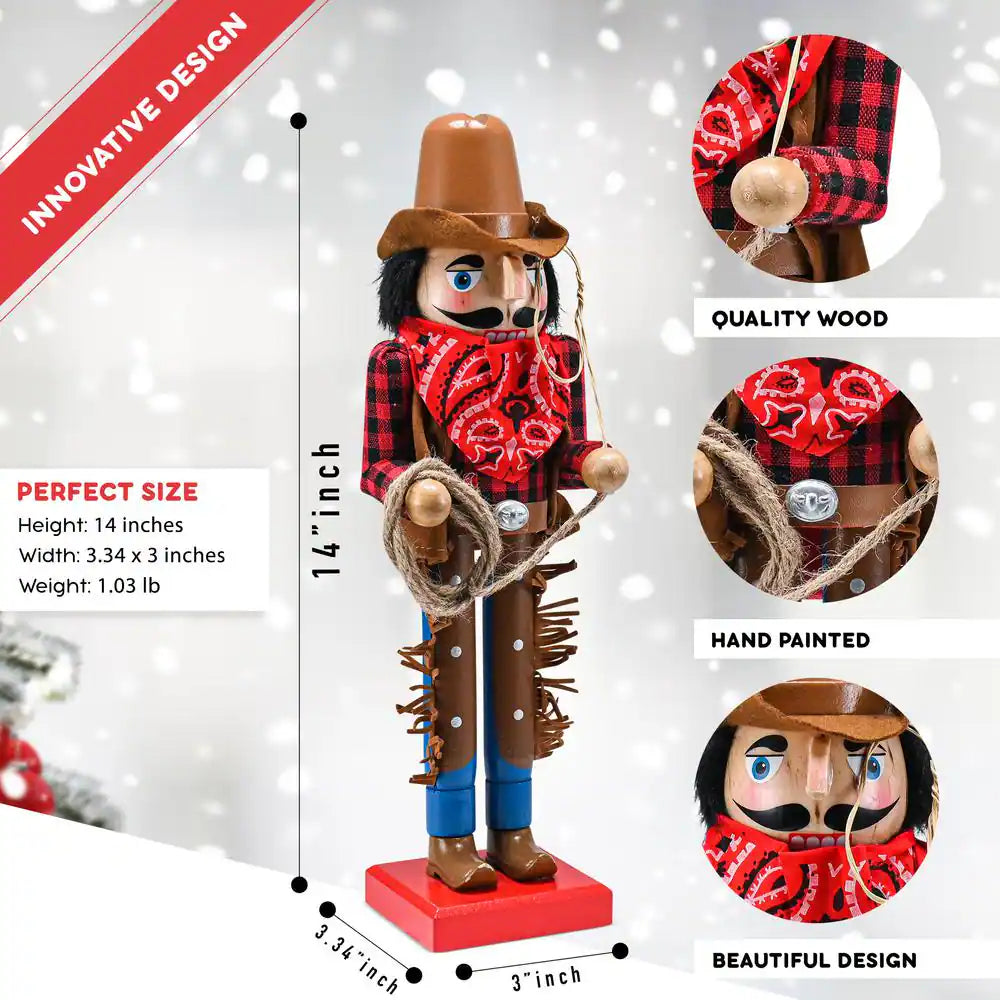 14 In. Wooden Christmas Western Cowboy Nutcracker - Brown and Red Nutcracker Cowboy with Lasso Holiday Decor