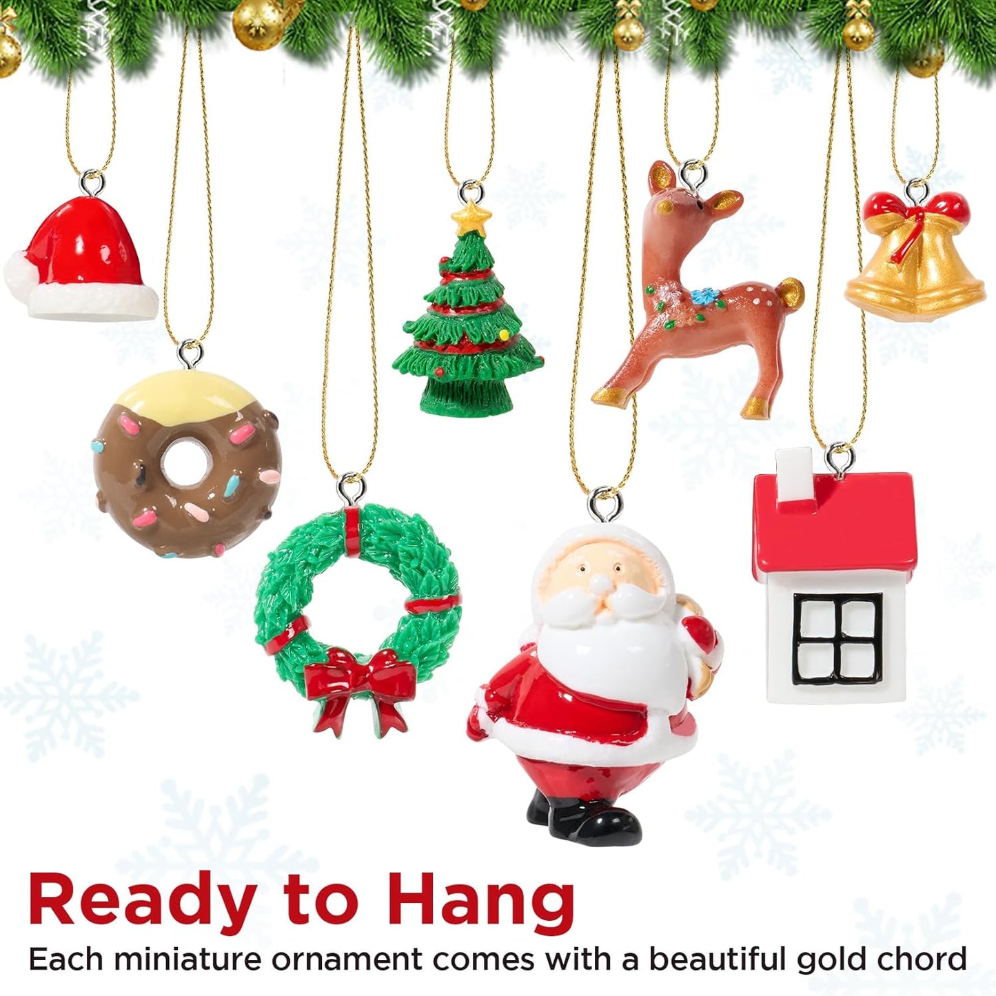 Mini Christmas Ornaments, Set of 24 Cute Miniature Resin Christmas Tree Ornament Figures Advent Calendar Fillers, Durable & Well-Crafted 3-D Figurines with Gold Loops for Easy Hanging