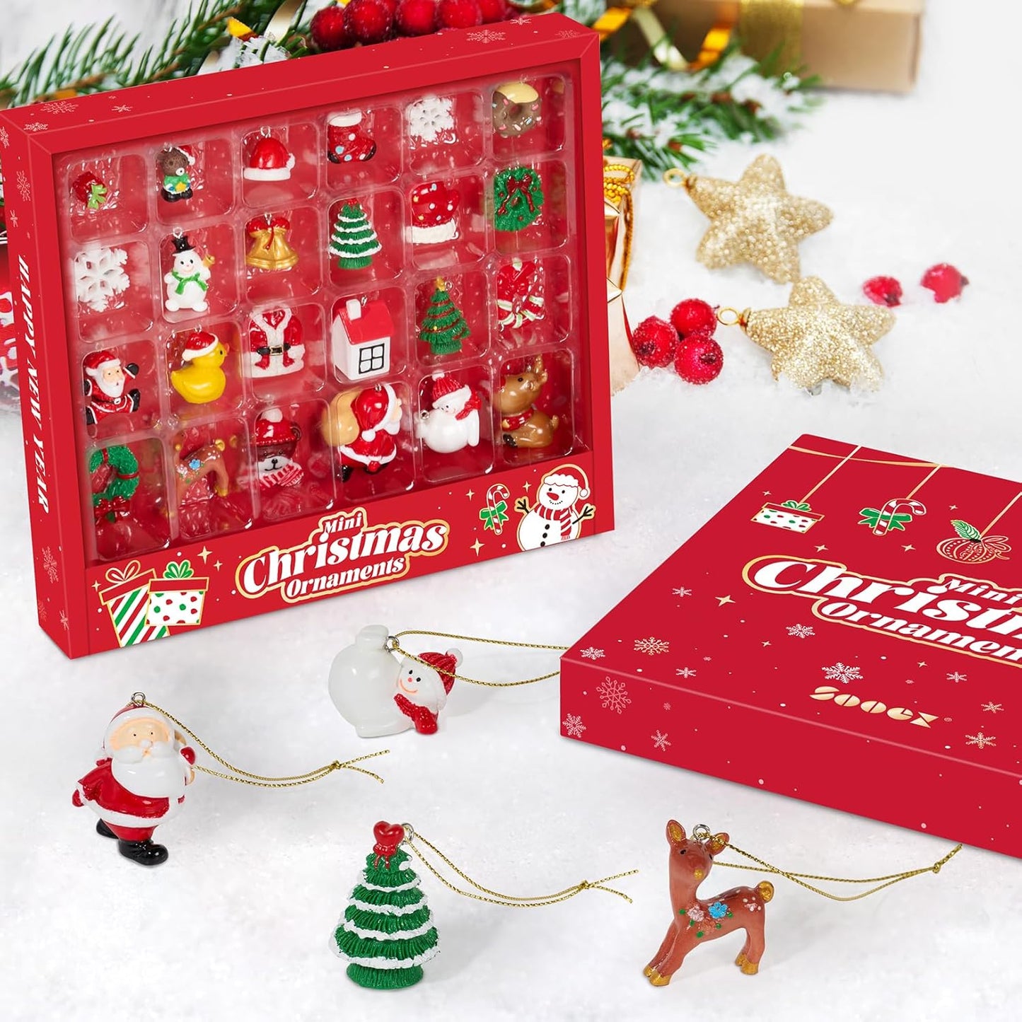 Mini Christmas Ornaments, Set of 24 Cute Miniature Resin Christmas Tree Ornament Figures Advent Calendar Fillers, Durable & Well-Crafted 3-D Figurines with Gold Loops for Easy Hanging
