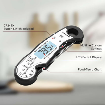 Digital Instant Read Meat Thermometer Digital for Grilling and Cooking - ANDAXIN Waterproof Ultra-Fast Thermometer with Backlight&Calibration&Foldable Probe for Kitchen,Deep Fry,Bbq,Grill-Black/White