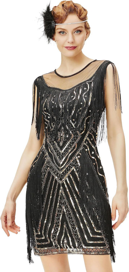 BABEYOND 1920S Gatsby Dress Long Fringe Flapper Dress Roaring 20S Sequins Beaded Dress Vintage Art Deco Dress