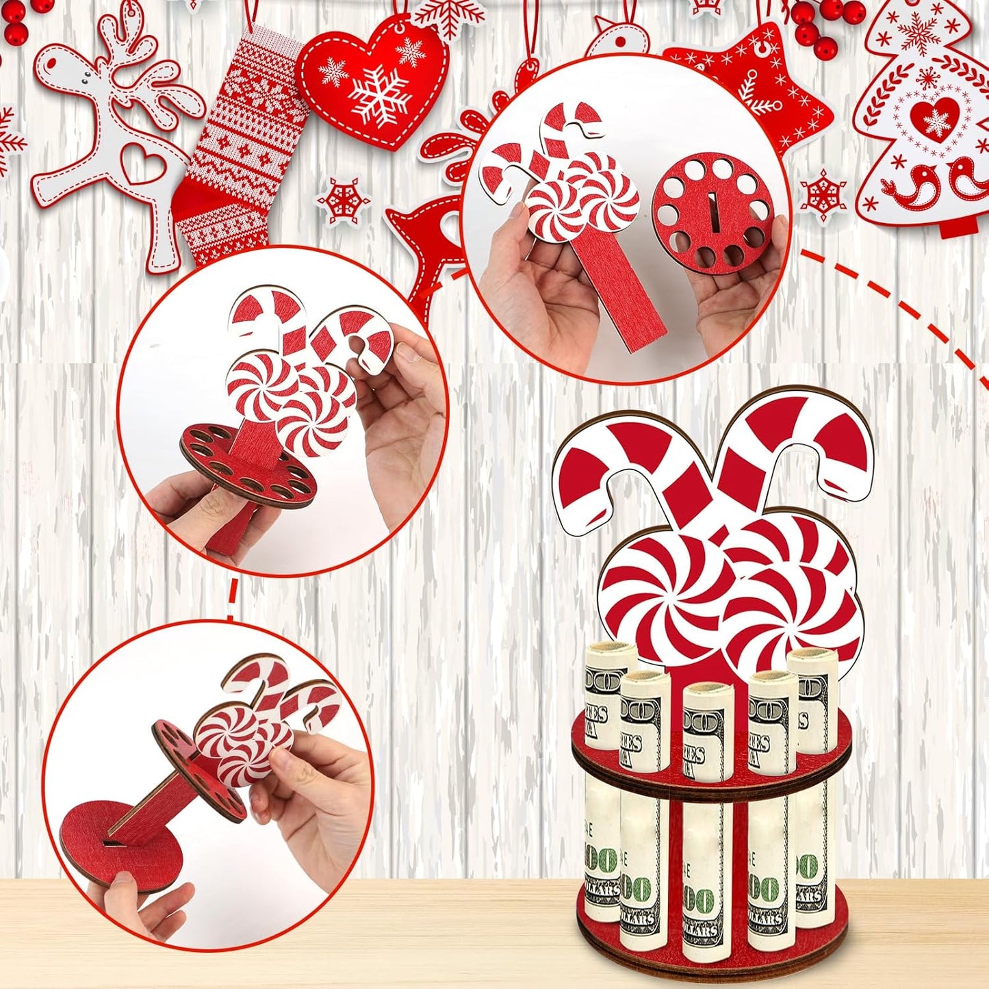 3 Pcs Wooden Christmas Money Holder for Cash Gift with 10 Holes Candy Color Money Holder for Placing Money Red and White Money Holder Xmas Table Decorations