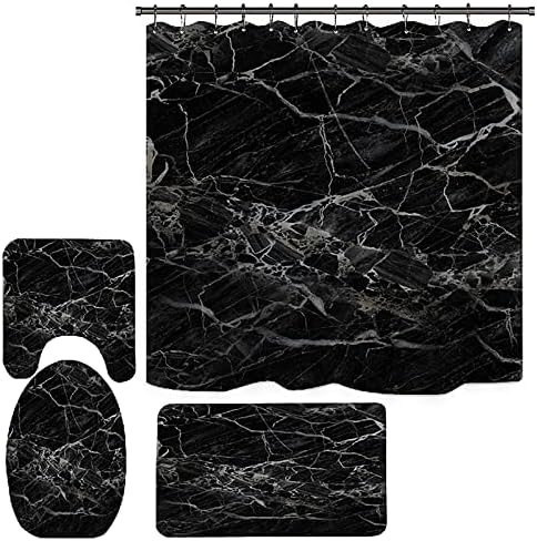 Black Marble Shower Curtain with Bath Rugs Sets, 4 Pcs Gray Marble Patterns Bathroom Décor with Toilet Seat Cover,Soft Mats, Absorbent Pedestal Pads and Shower Curtains + Hooks