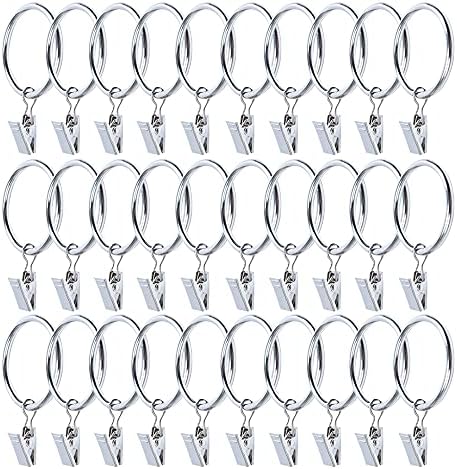 30 Pack Strong Iron Metal Curtain Rings with Clips 2.5 Inch Diameter, Decorative Drapery Rustproof Curtain Rod Clip Ring, Durable Vintage Drapery Hooks with Clips (Silver)