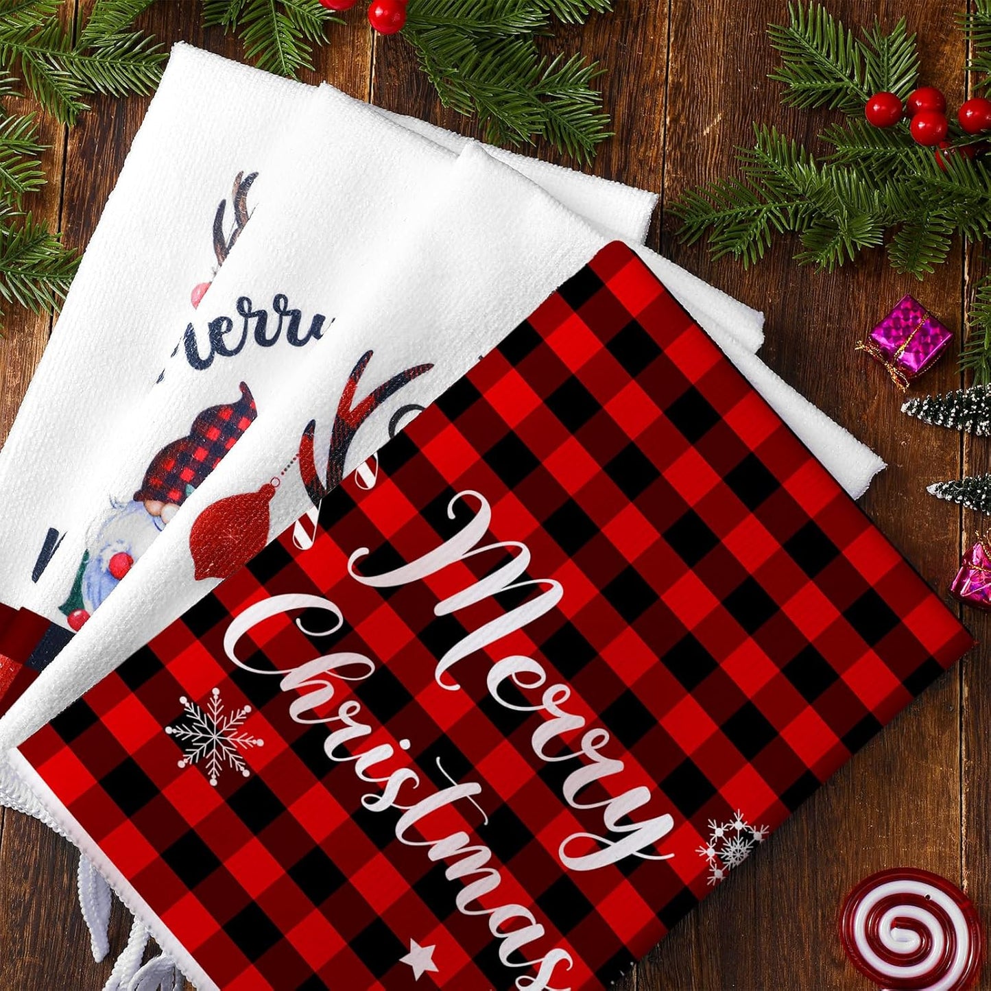 4 Pcs Christmas Kitchen Towels Christmas Hand Towels Dish Towels Xmas Tree Elk Towels Winter Holiday Absorbent Buffalo Plaid Tea Towels for Housewarming Gifts(Red and Black,Elk, Gnome)