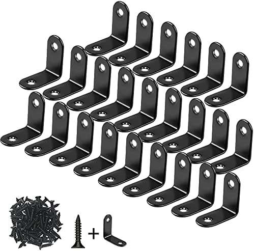24 Pack L Bracket Corner Brace Sets, 0.98x0.98 Inch Black Stainless Steel 90 Degree Right Angle Brackets Fastener with Screws for Wood, Shelves, Furniture, Cabinet