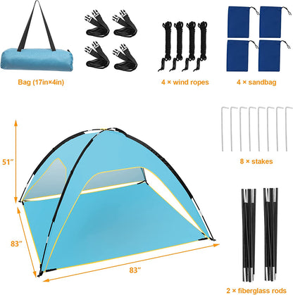 Fltom Beach Tent, Portable Beach Sun Shelter for UPF 50+ UV Protection, Easy Set up 3-4 Person Beach Tent Shade with Carry Bag, anti UV Beach Canopy Tent for Fishing Hiking Camping